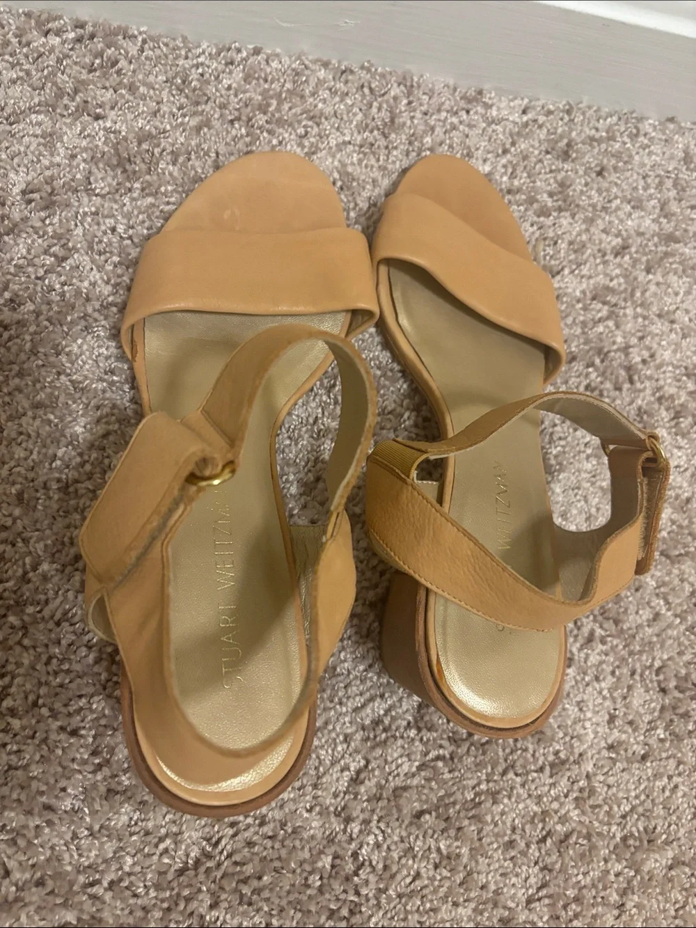 Stuart Weitzman Tan Leather Block Heel Sandals - Classic Strappy Comfort Buckle